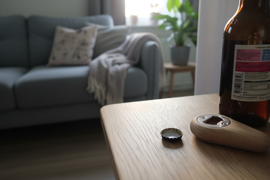 Wooden bottle opener on a couch side table